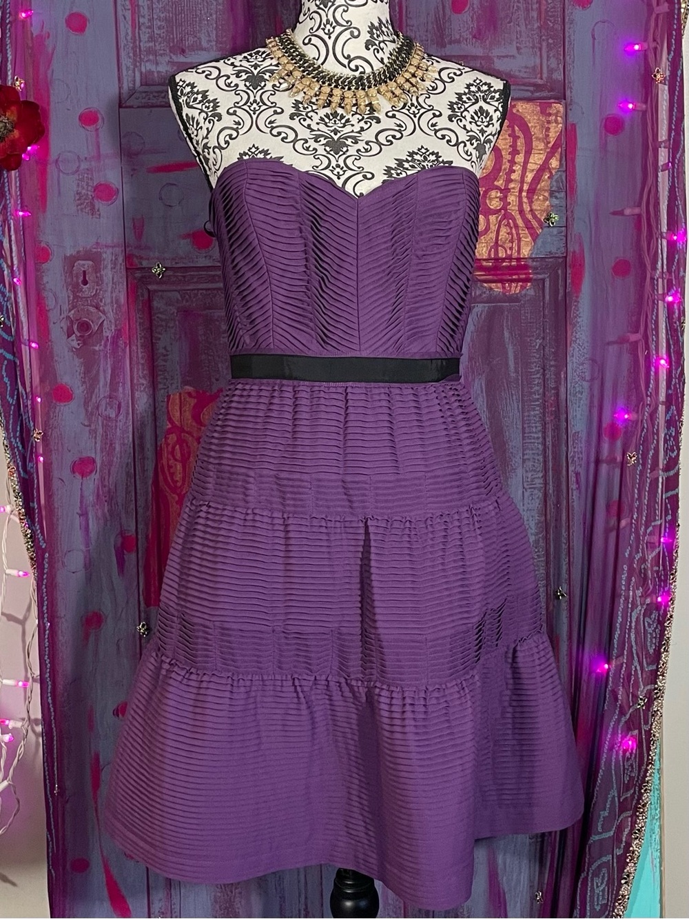 BCBGMaxAzria Strapless Purple Textured Fit & Flare Dress with Black Waistband